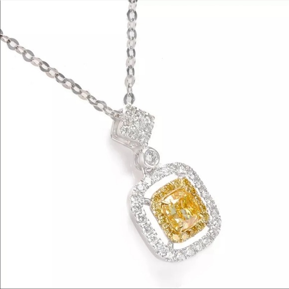New 925 Silver Square Yellow Diamond Necklace - Picture 2 of 2